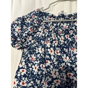 Uniqlo Womens Floral Blue White Short Sleeve Cotton Top Smocked Neck Sleeves XS